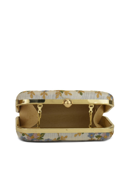 Women White & Gold-Toned Embroidered Party Box Clutch