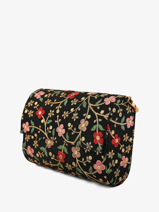 Embroidered Fold Cover Hand Clutch Black
