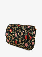 Embroidered Fold Cover Hand Clutch Black