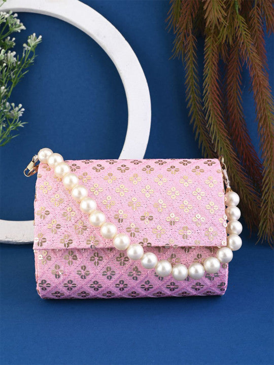 Embroidered Sequinned Canvas Foldover Clutch