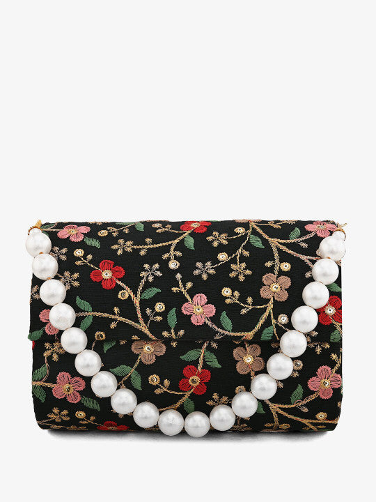 Embroidered Fold Cover Hand Clutch Black