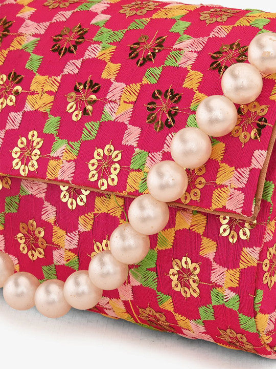 Embroidered Sequinned Canvas Foldover Clutch