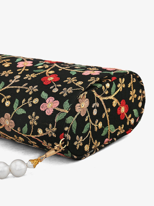 Embroidered Fold Cover Hand Clutch Black