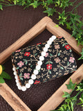 Embroidered Fold Cover Hand Clutch Black