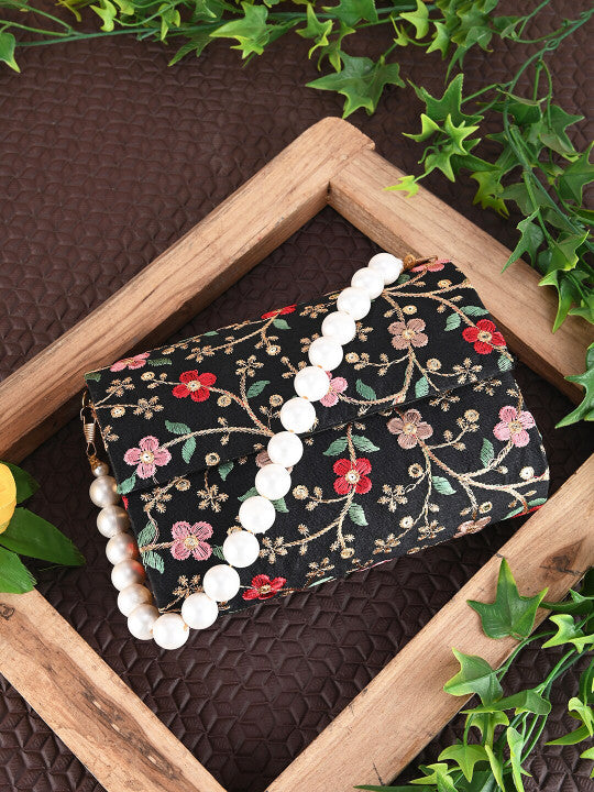 Embroidered Fold Cover Hand Clutch Black