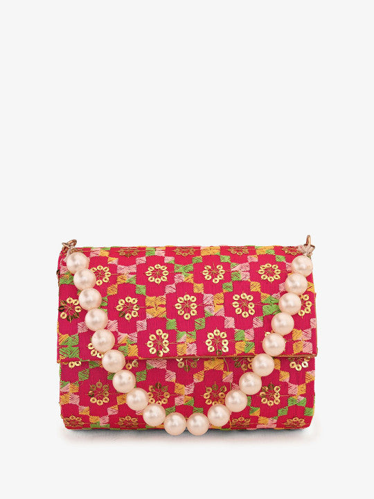 Embroidered Sequinned Canvas Foldover Clutch