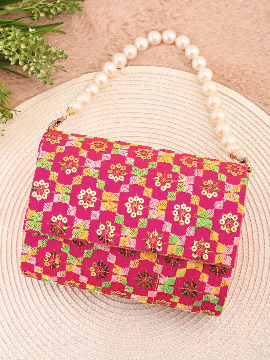 Embroidered Sequinned Canvas Foldover Clutch