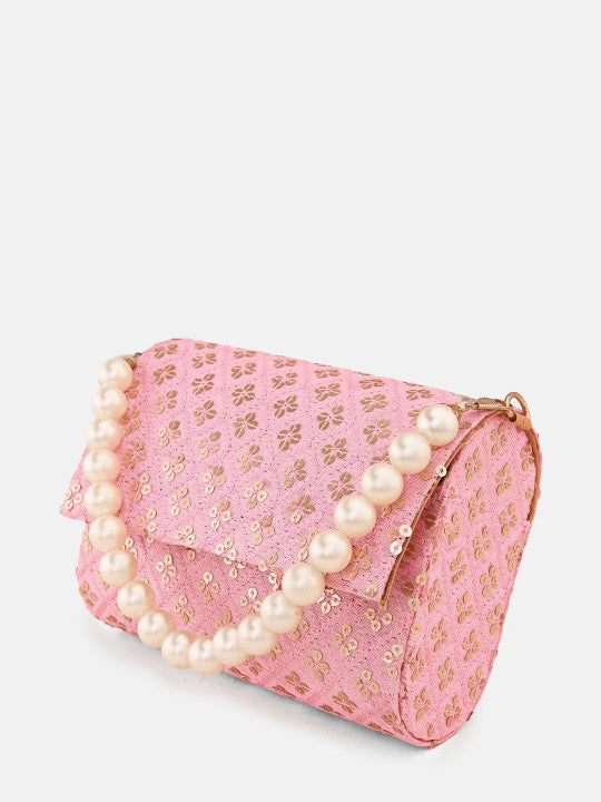 Embroidered Sequinned Canvas Foldover Clutch